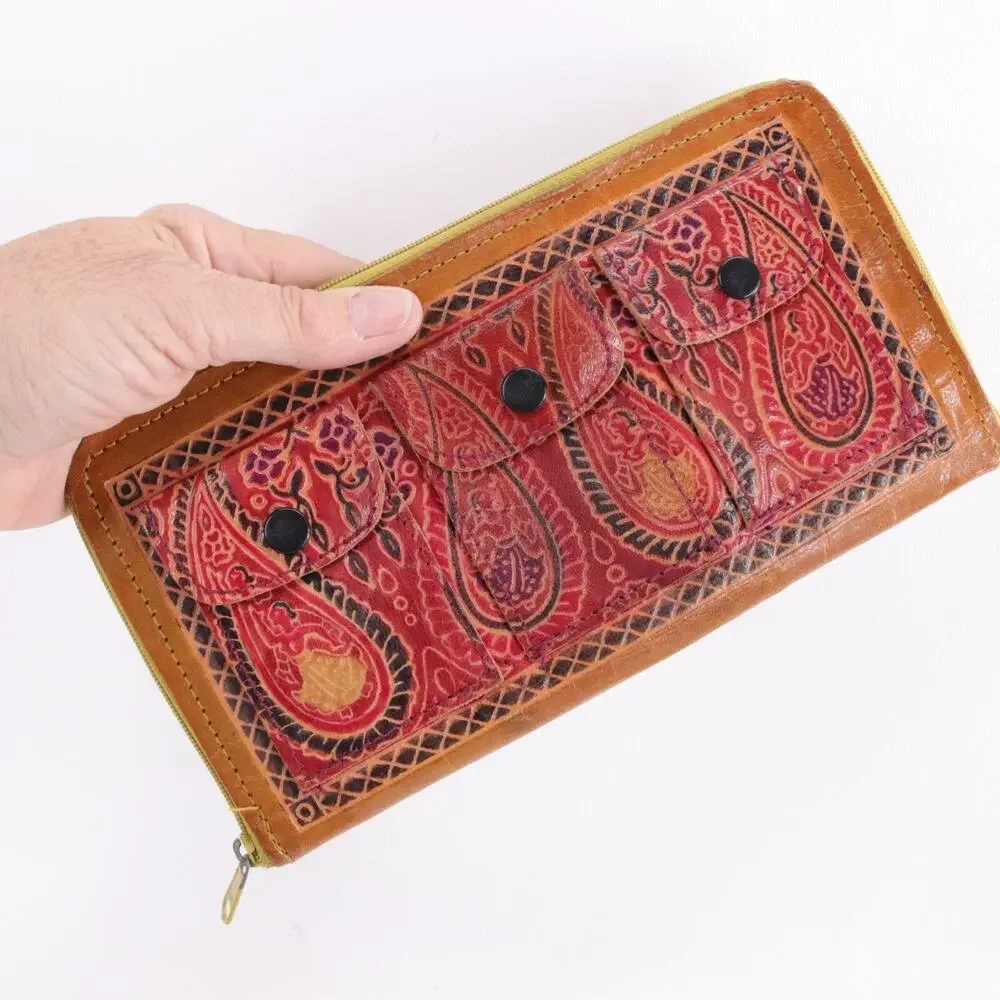 Bohemian Style Wallet Women Red Paisley Leather Tri Pocket Clutch Zip Cards